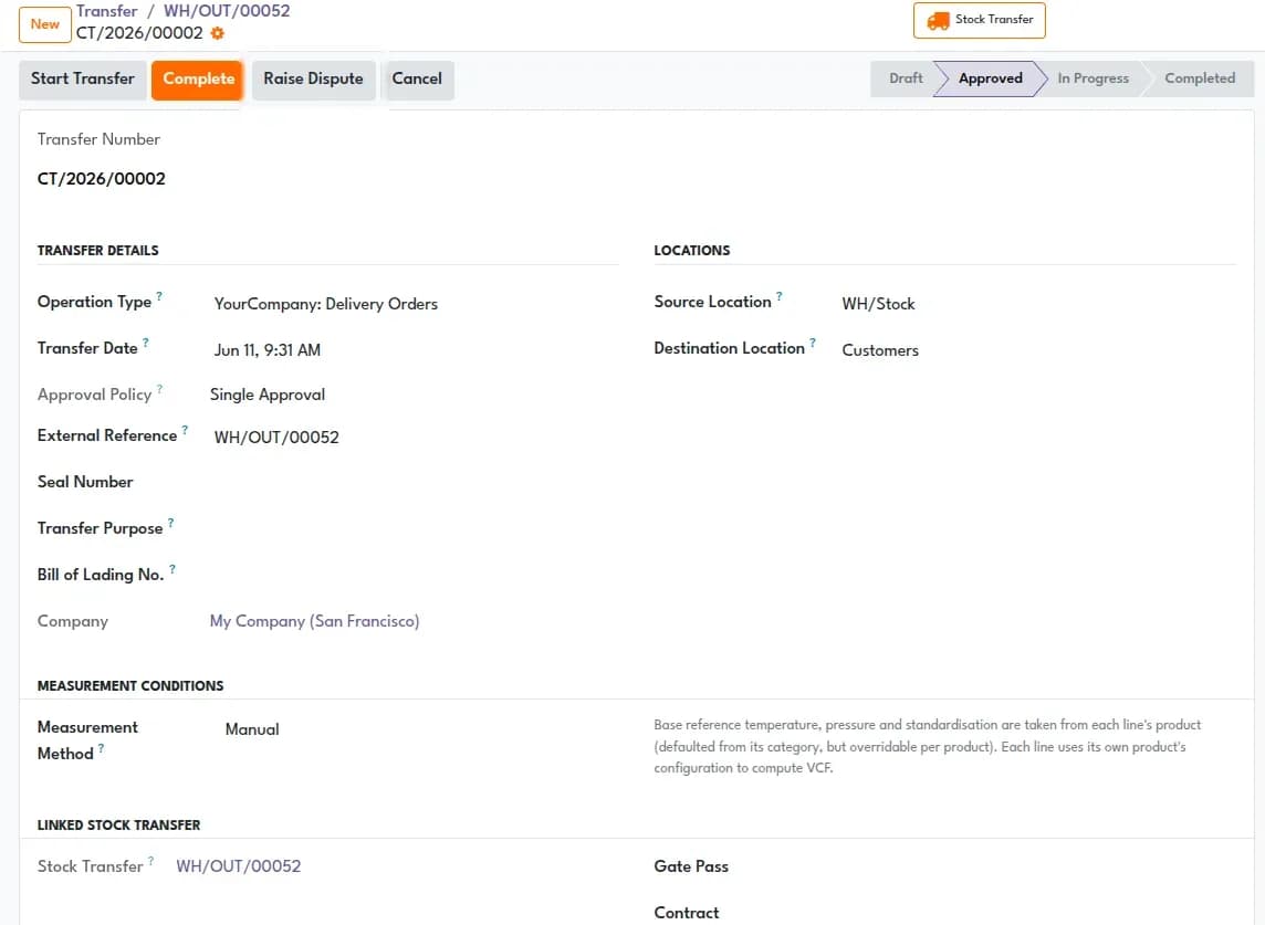 Custody transfer form moving through Approved status with a Raise Dispute action, showing source and destination locations, seal number and linked stock transfer