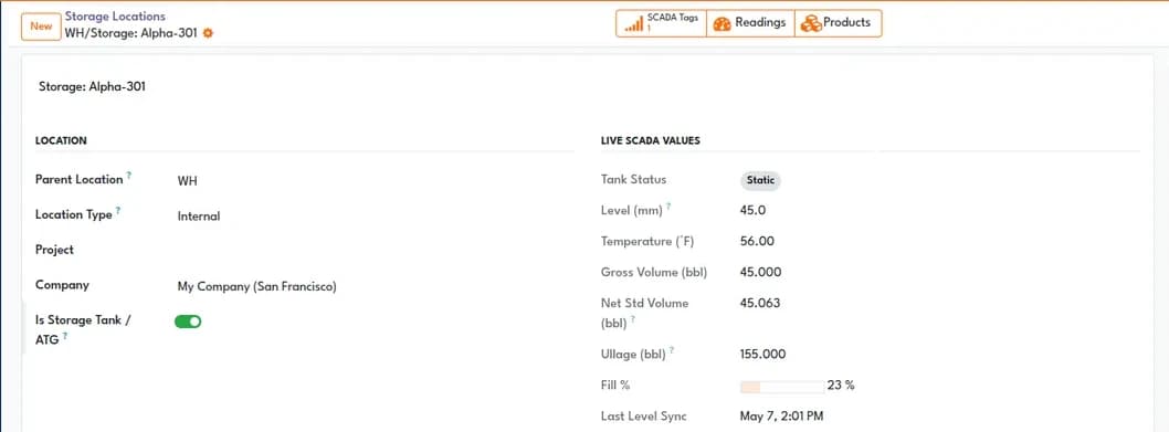 Storage tank record with a Live SCADA Values panel showing tank status, level, temperature, gross and net standard volume, ullage, fill percentage and last sync time
