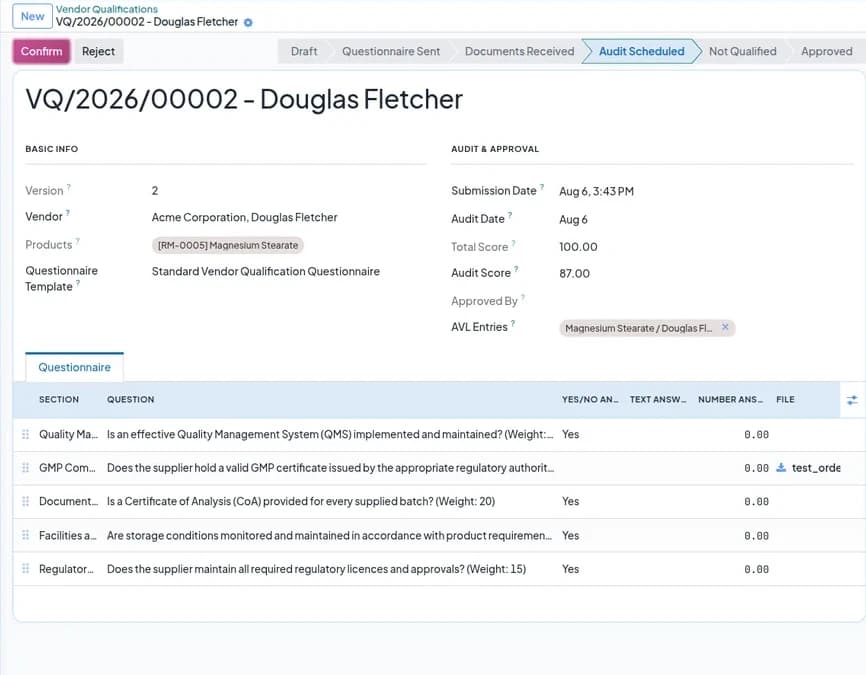 Vendor qualification record for a supplier scored 87 out of 100 on a weighted questionnaire, moving through Audit Scheduled toward Approved, with the portal email it was sent
