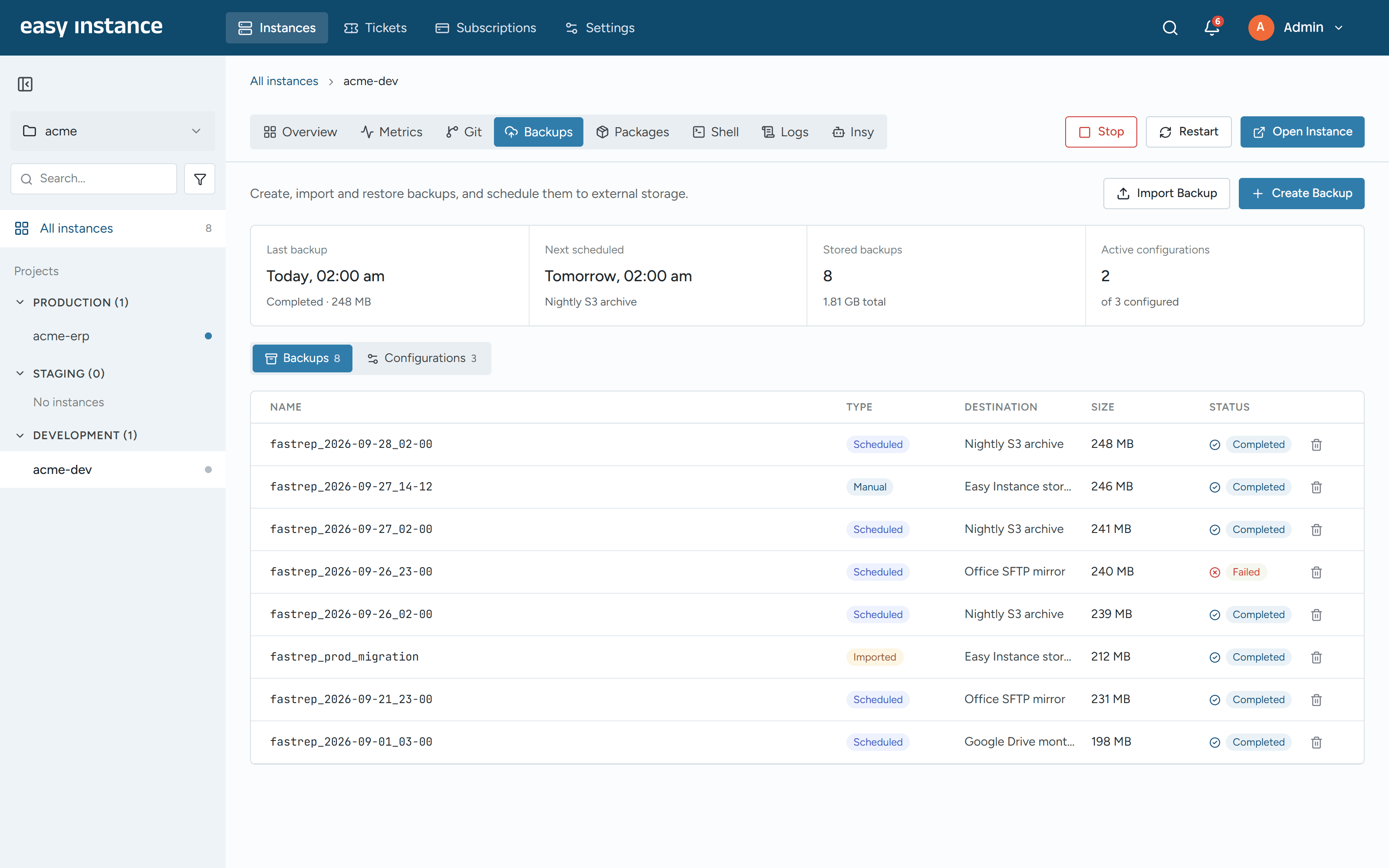 EasyInstance Backups screen