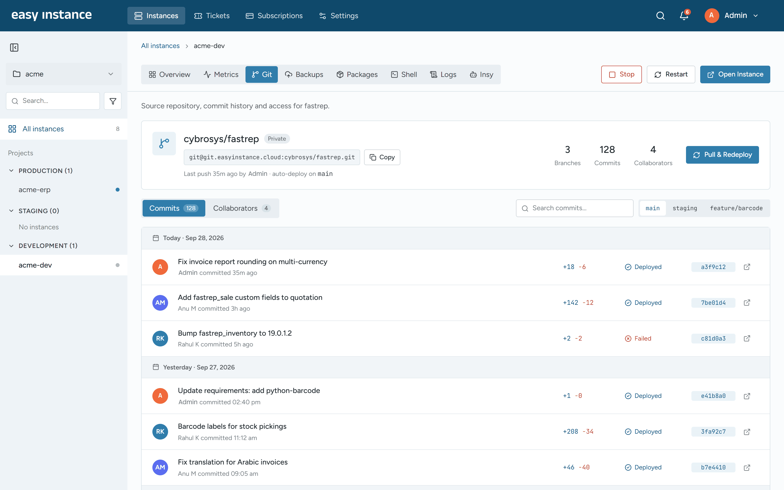 EasyInstance Git screen