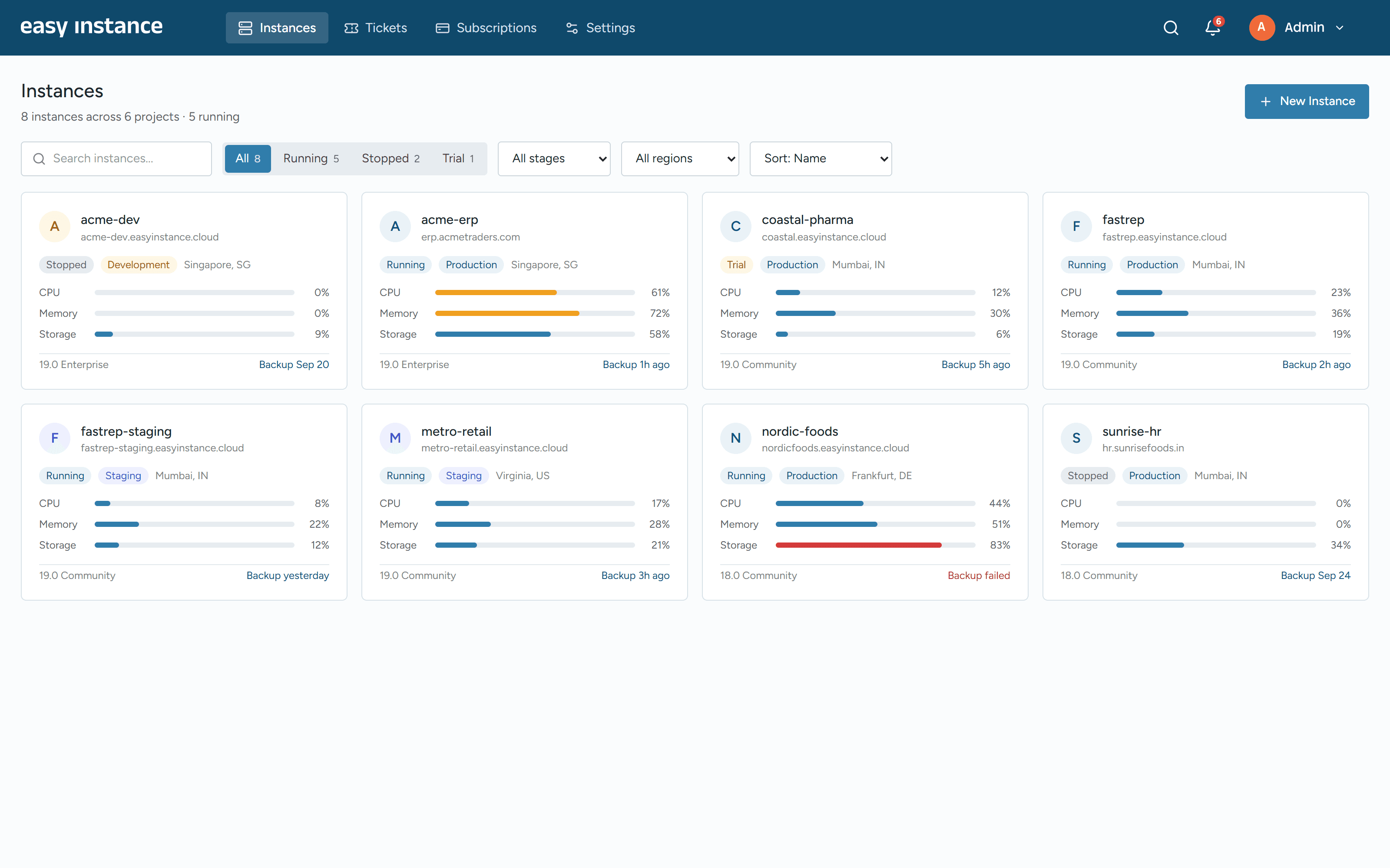 EasyInstance dashboard listing Odoo instances across projects