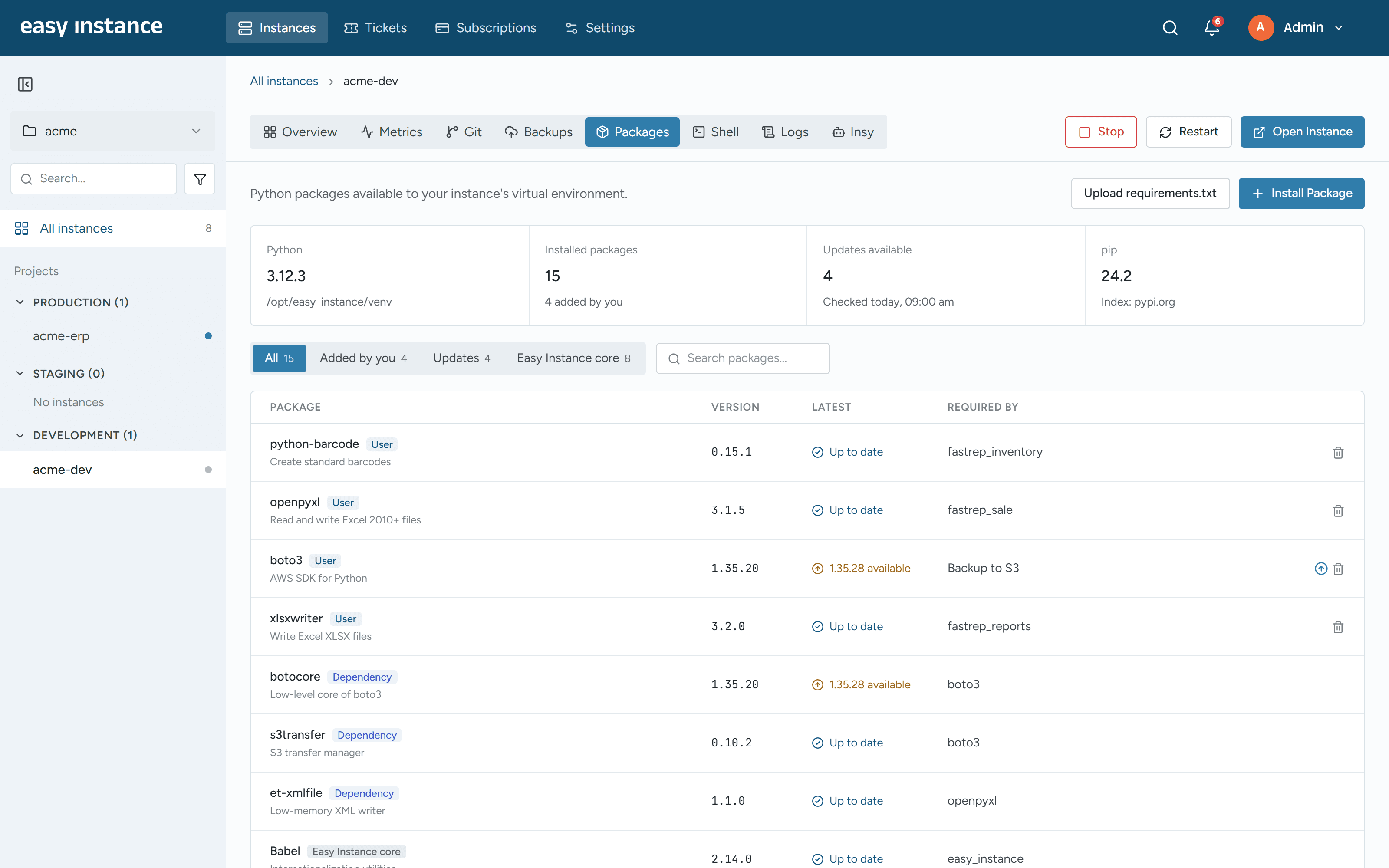 EasyInstance Packages screen