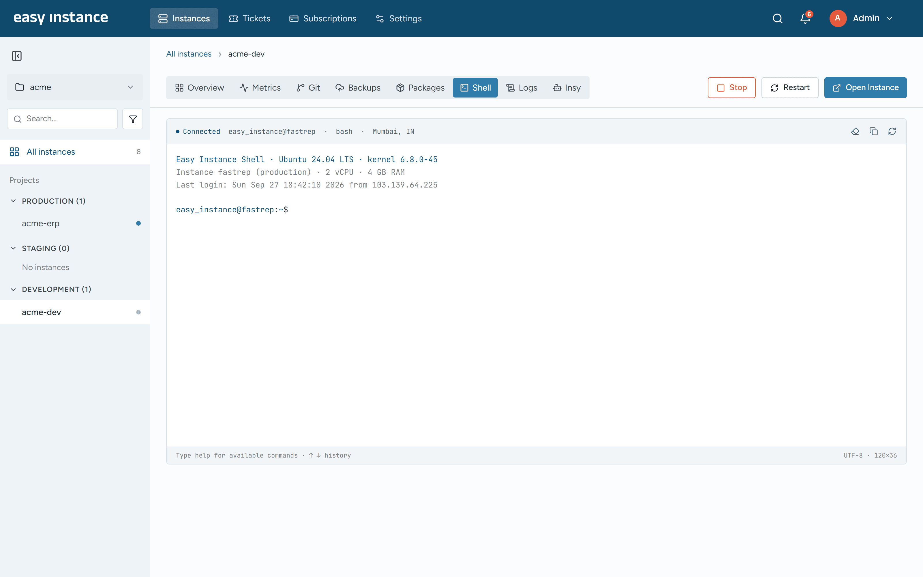 EasyInstance Shell screen