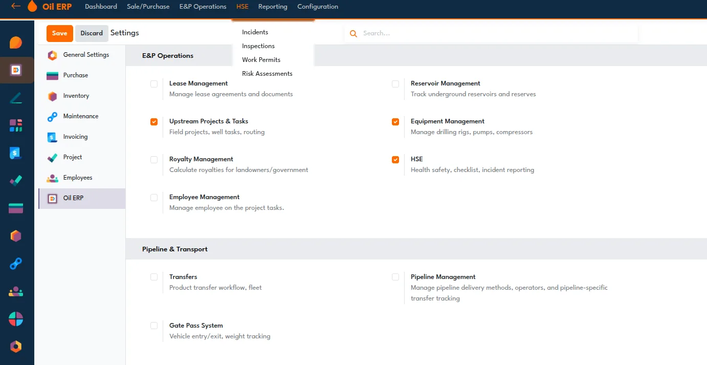 Oil ERP settings screen with the HSE feature enabled, next to its Incidents, Inspections, Work Permits and Risk Assessments menu