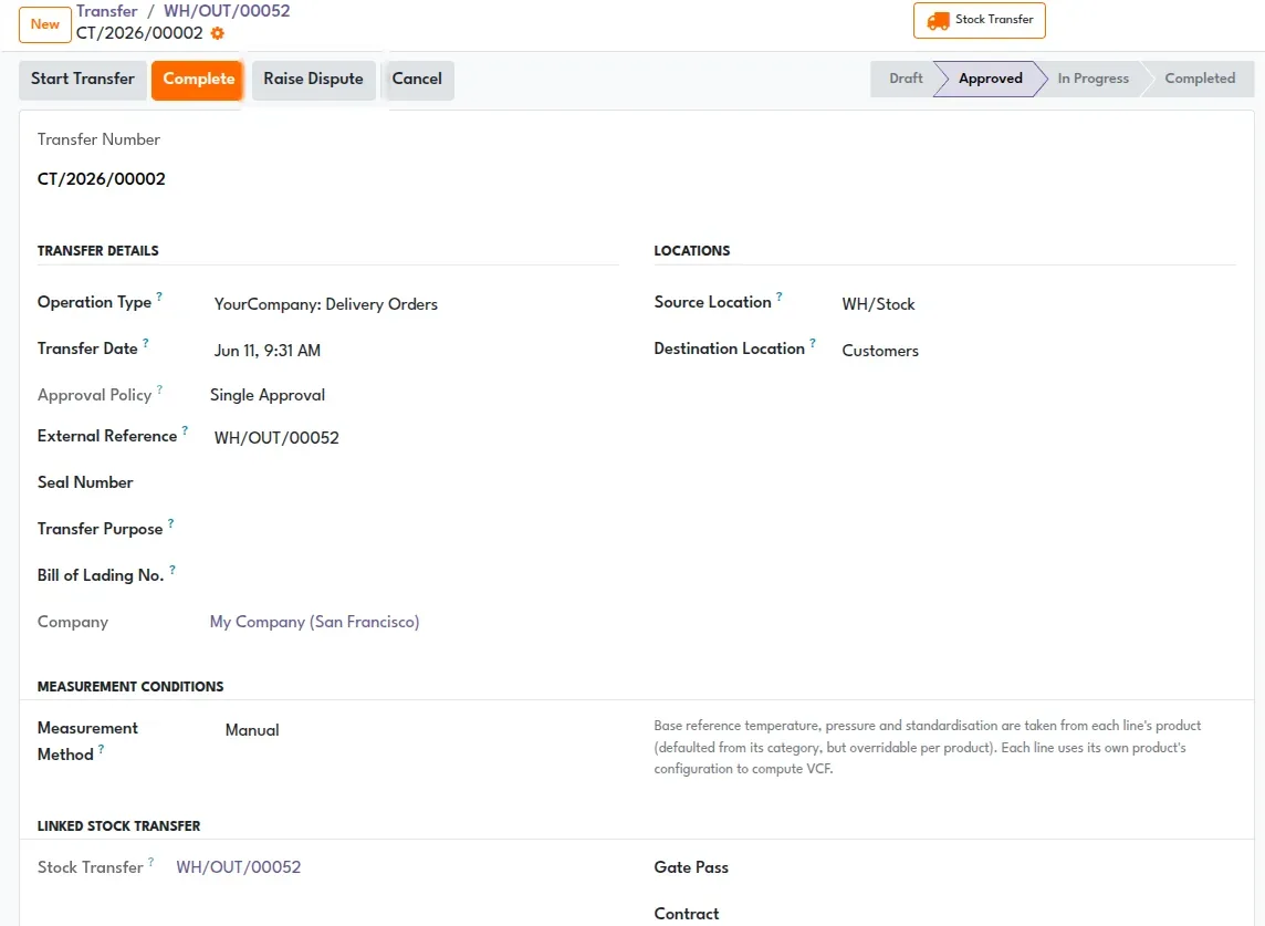 Custody transfer form moving through Approved status with a Raise Dispute action, showing source and destination locations, seal number and linked stock transfer