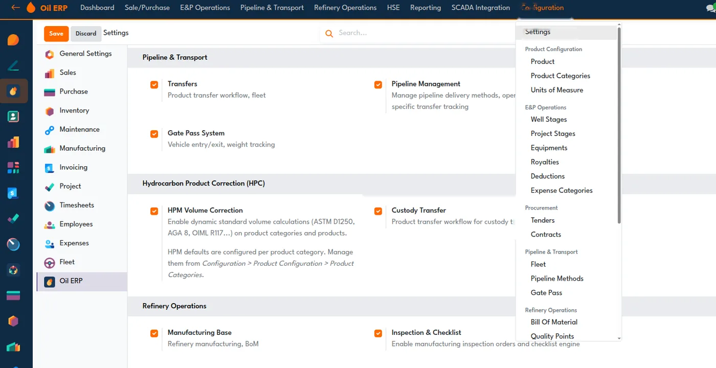 Oil ERP configuration screen listing every enabled module — Pipeline & Transport, Custody Transfer, HPM Volume Correction, Refinery Operations and more — under one settings page