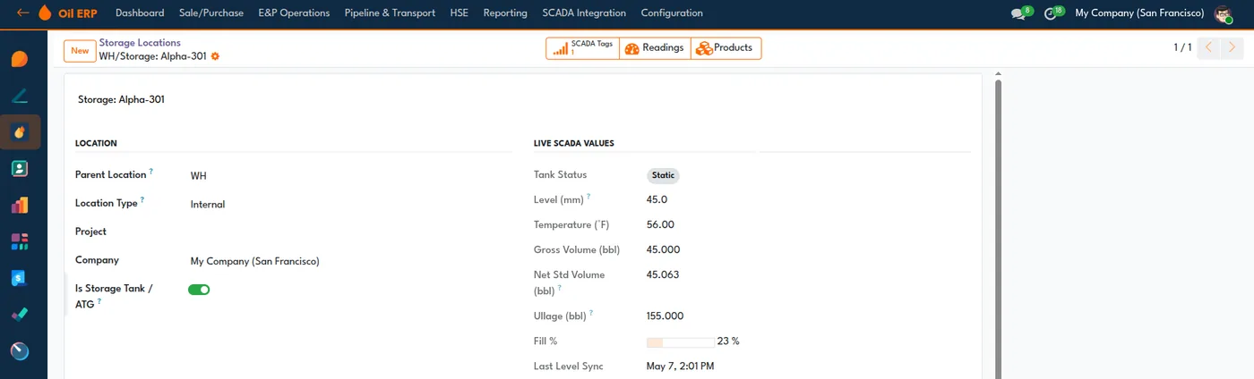 Storage tank record with a Live SCADA Values panel showing tank status, level, temperature, gross and net standard volume, ullage, fill percentage and last sync time